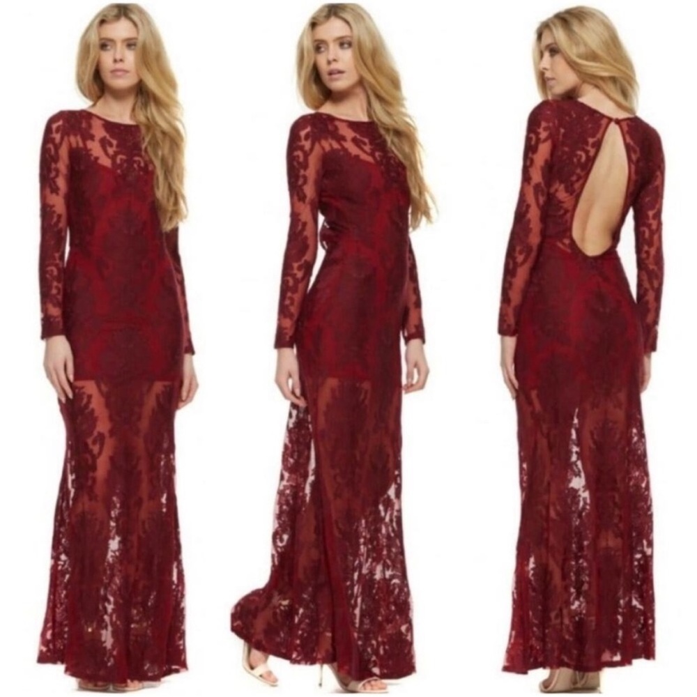 For love and lemons Elegant Burgundy Lace Evening Gown